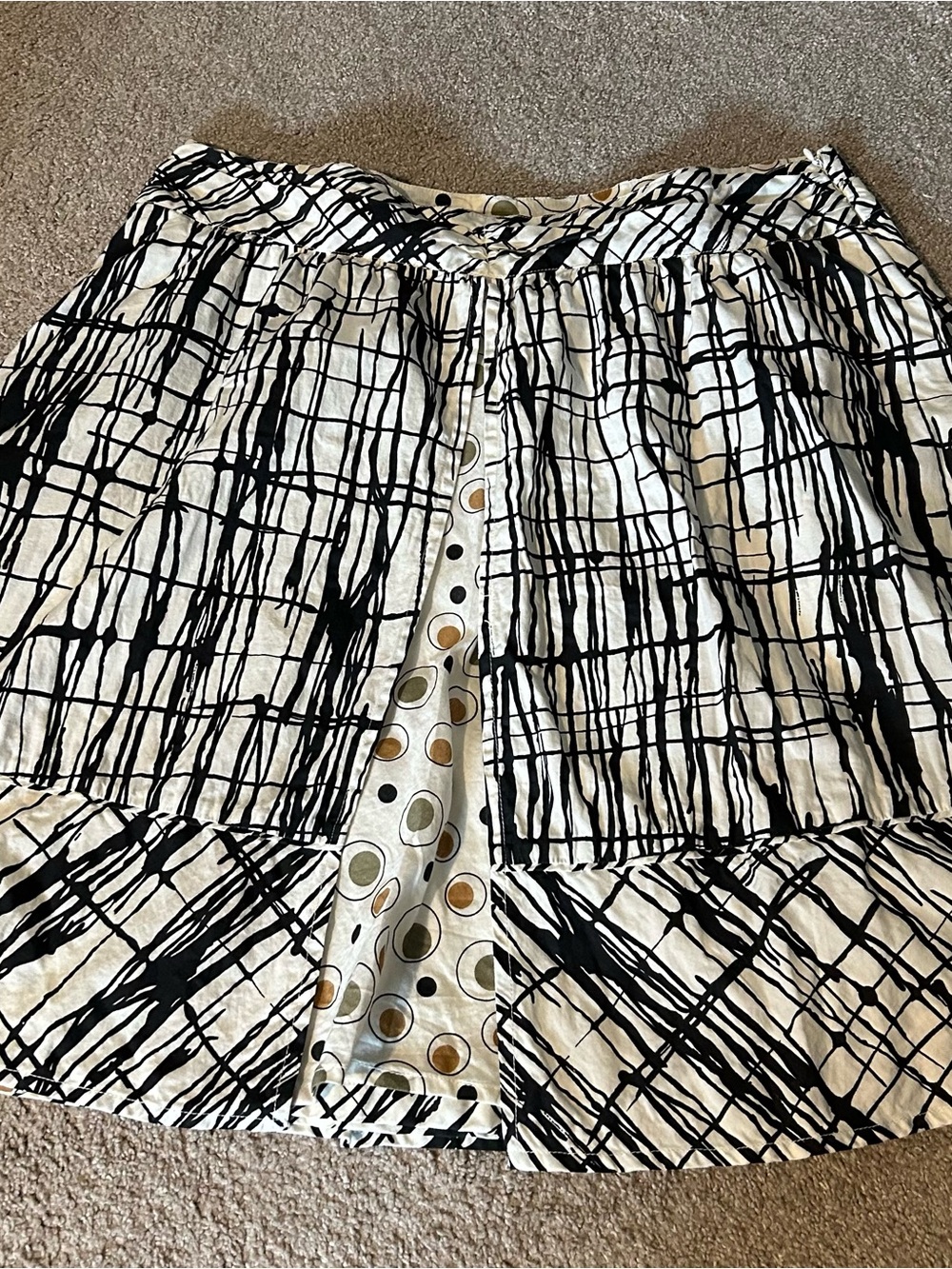 Anthropologie Cordelia Black and Ivory Graphic A-Line Skirt with Polka Dot Panel
